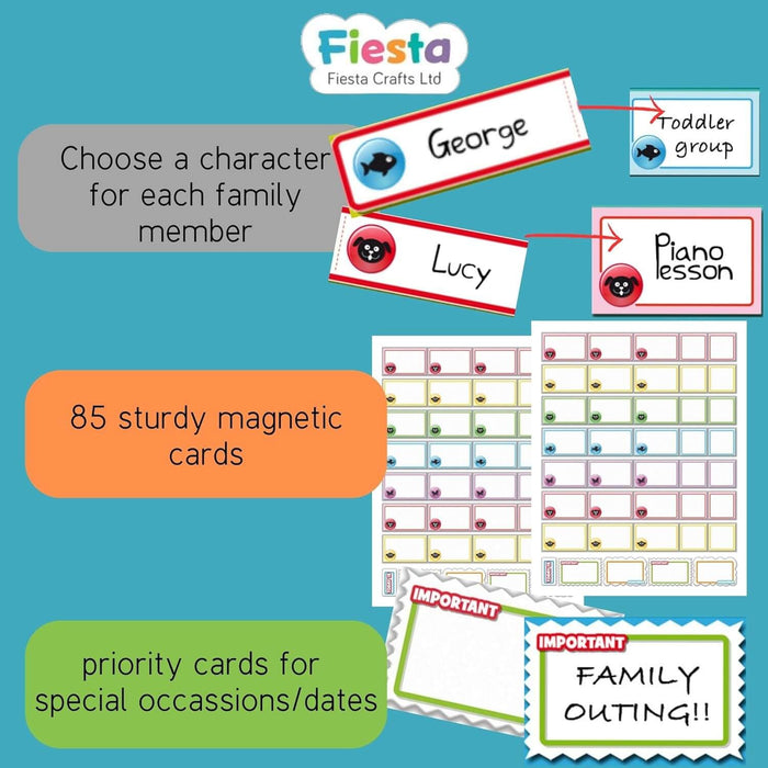 Teal graphic of 85 sturdy magnetic cards with animal icons, name tags, activity cards, and 'IMPORTANT' priority cards for...