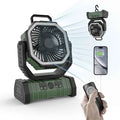 Mead's Supply outdoor camping fan with power bank, LED light, army green color, portable 3-speed outdoor electronics.