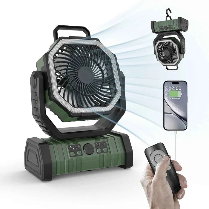 Outdoor camping fan by Mead's Supply with LED light and power bank in army green, portable 3-speed fan for outdoor electronics.