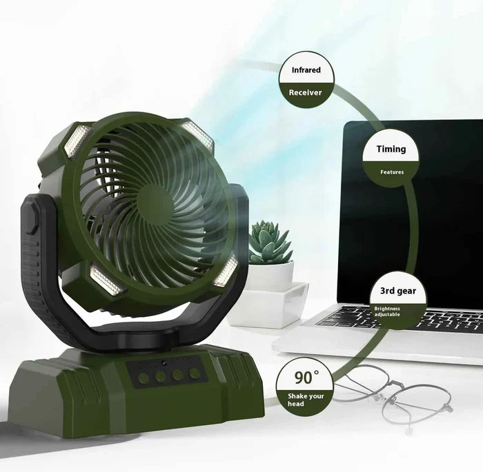 Outdoor camping fan by Mead's Supply & Equipment Outfitters in army green with power bank, LED light, and three-speed settings.