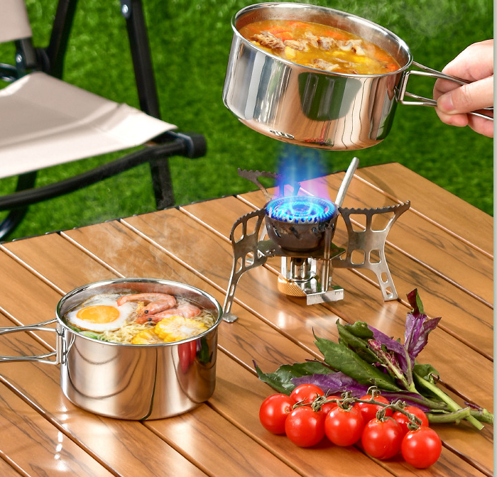 ECOTREK outdoor cookware set with 304 stainless steel camping utensils kit, including pots, pans, and utensils for outdoor cooking.