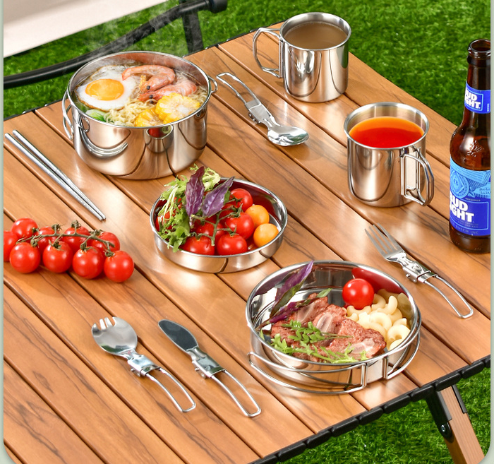 ECOTREK outdoor cookware set with 304 stainless steel camping utensils, including pots, pans, and tools for outdoor cooking.