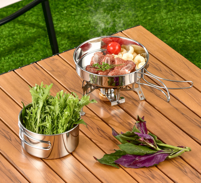 ECOTREK outdoor cookware set with 304 stainless steel camping utensils kit, includes pots, pans, and utensils for outdoor cooking.