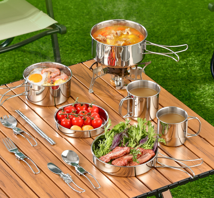 ECOTREK outdoor cookware set with 304 stainless steel camping utensils kit, including pots, pans, and utensils for outdoor cooking.