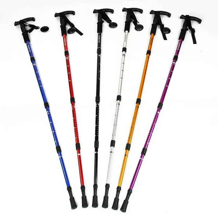 Dark purple Mead's Supply & Equipment outdoor folding trekking poles, 4-section aluminum alloy hiking poles, lightweight and portable.