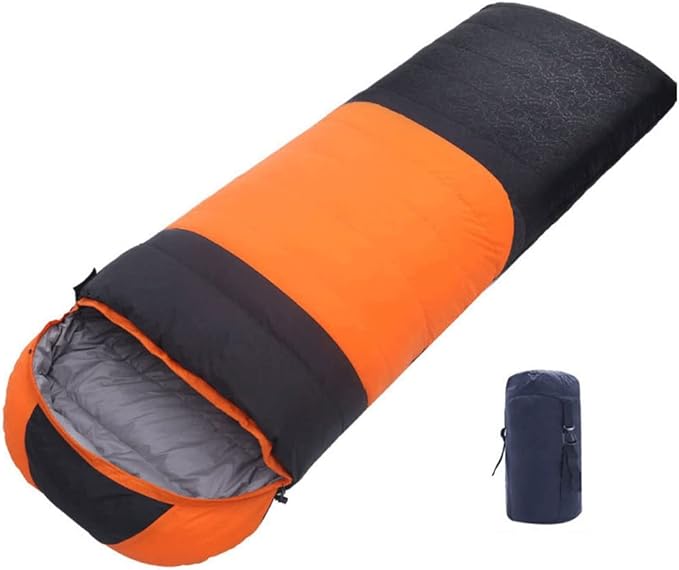 Orange and black ECOTREK outdoor single duck down sleeping bag, lightweight and insulated for camping and outdoor use.