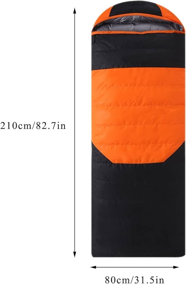 ECOTREK outdoor single duck down sleeping bag in orange and black, designed for camping and outdoor adventures.