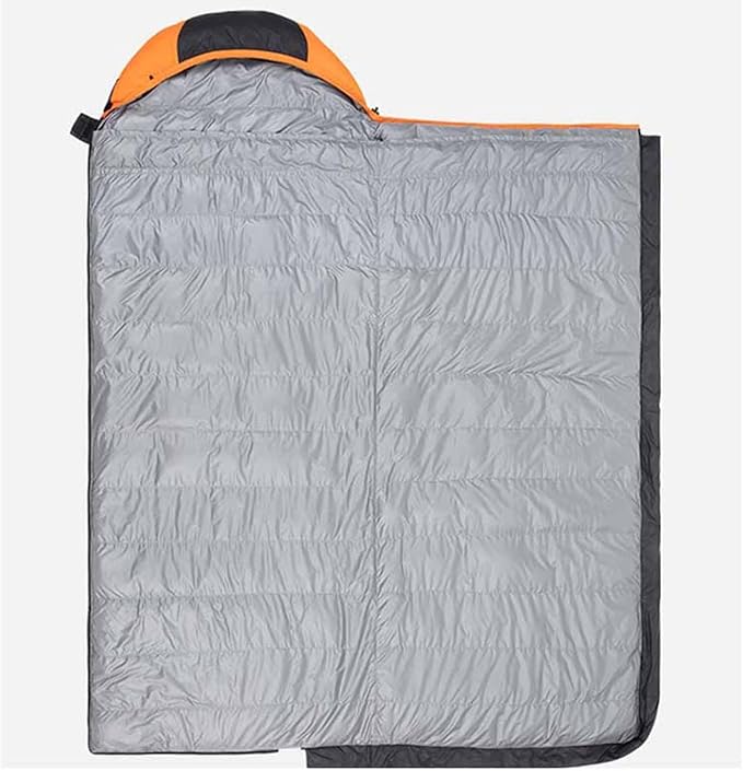 Outdoor ECOTREK single duck down sleeping bag in orange and black, designed for camping and outdoor adventures.