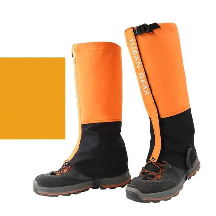 Blue waterproof snow gaiters from Mead's Supply & Equipment Outfitters, designed for mountaineering and hiking leg protection.