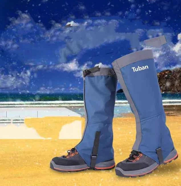 Blue waterproof outdoor snow gaiters for mountaineering and hiking, providing leg protection and coverage in rugged outdoor conditions.