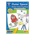 Blue space-themed coloring book cover featuring a red rocket ship, planets, a UFO sticker, and a yellow pencil.