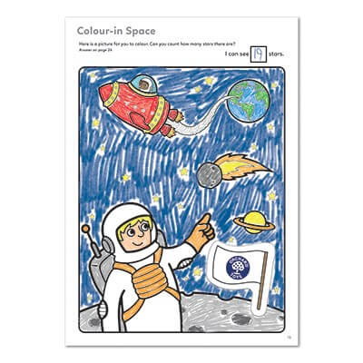Hand-colored space activity page showing an astronaut, a red rocket, Earth, and a star-counting puzzle.