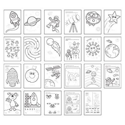 Grid of 23 black and white space-themed activity pages featuring rockets, planets, astronauts, and aliens.