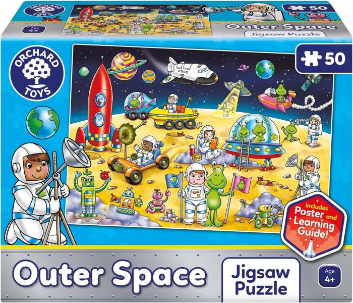 Orchard Toys 50-piece Outer Space jigsaw puzzle box featuring a colorful cartoon scene of astronauts and aliens.