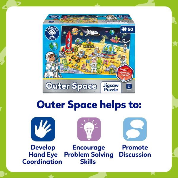 Blue space puzzle box with moon scene above icons for hand-eye coordination, problem solving, and discussion.