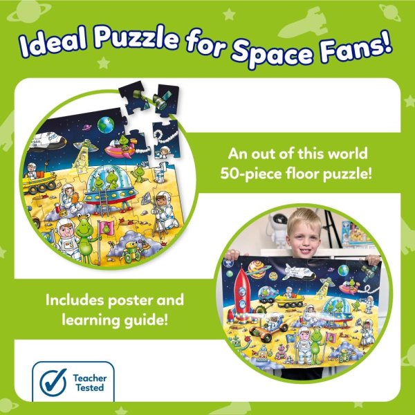 A 50-piece space floor puzzle and poster set featuring colorful cartoon illustrations of aliens and astronauts.