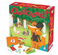 Red and green game box with a fox in a top hat, chicken detectives, dice, cards, and an orange clue decoder.