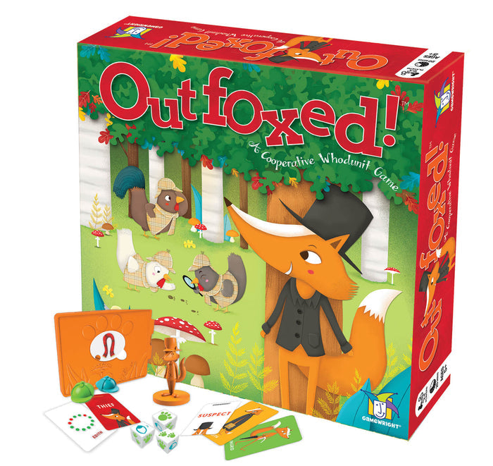 Red and green game box with a fox in a top hat, chicken detectives, dice, cards, and an orange clue decoder.