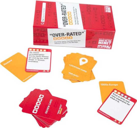 Red and white Over-Rated game box with orange location cards and red review cards showing humorous 5-star ratings.