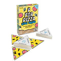 Yellow P For Pizza box and triangular pizza slice cards with letters and categories on a white background.