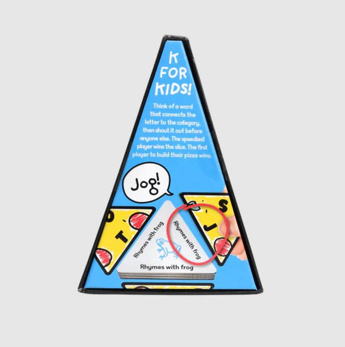 Triangular blue box featuring K FOR KIDS logo, pizza-shaped letter cards, and a card with a frog illustration.