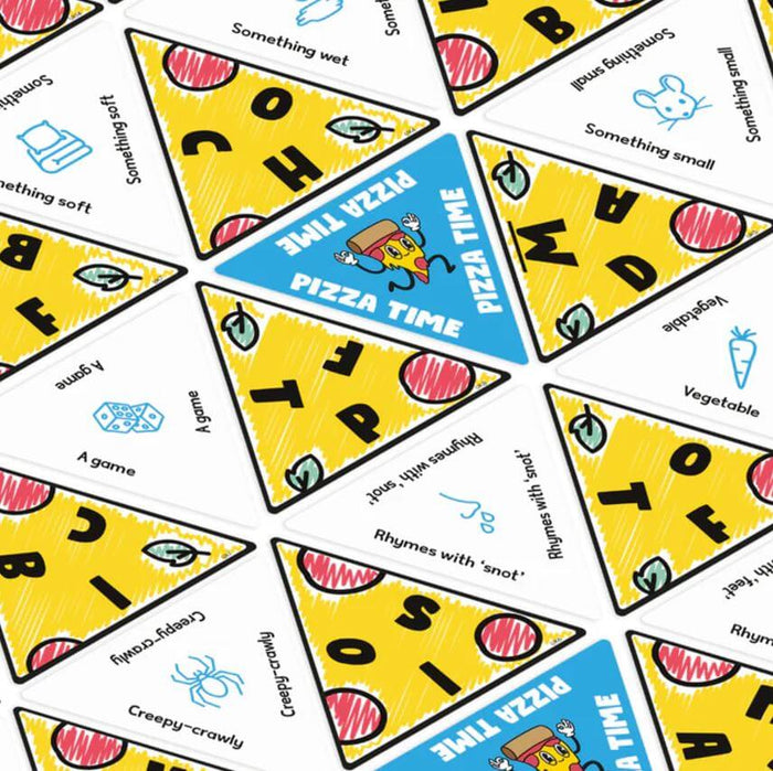Triangular yellow, white, and blue game cards shaped like pizza slices with letters, categories, and simple icons.