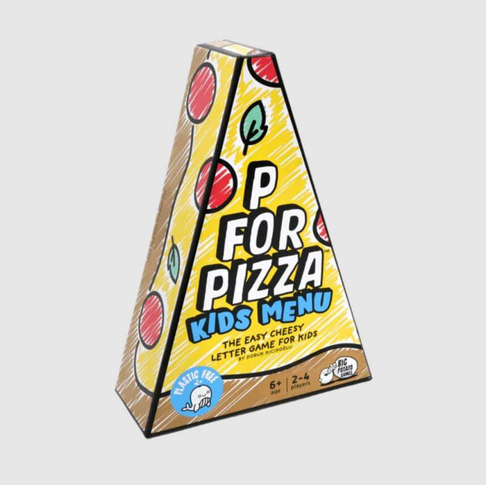 Triangular yellow box shaped like a pizza slice with pepperoni illustrations and P FOR PIZZA KIDS MENU title.