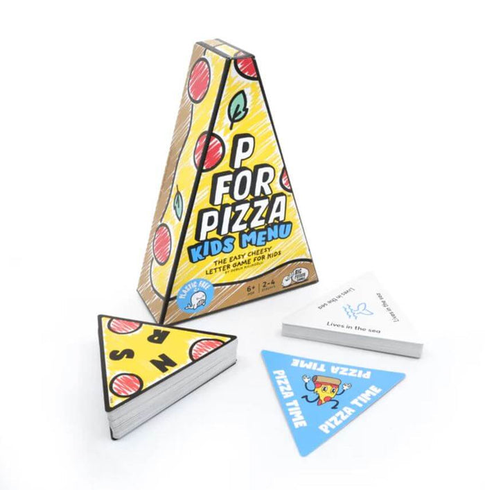 Triangular yellow game box and slice-shaped cards featuring letters, categories, and a cartoon pizza mascot.