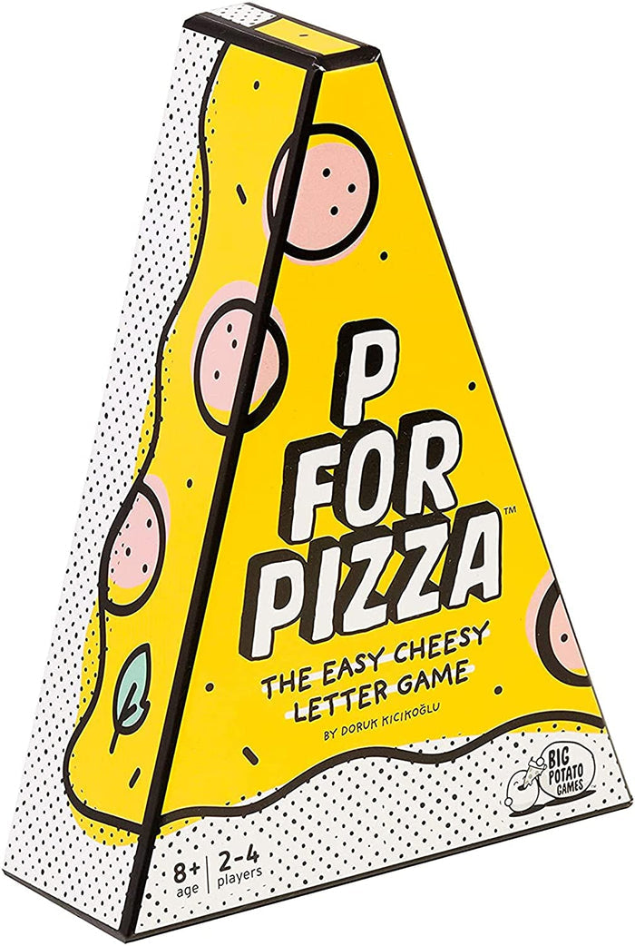 Yellow wedge-shaped board game box with pizza slice graphics and game title P For Pizza.