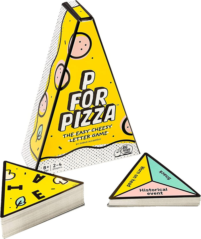 Yellow triangular pizza-themed box with two stacks of triangular cards showing letters and category word prompts.