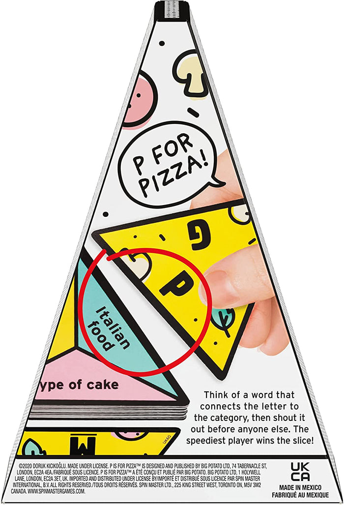 Triangular zippered pouch shaped like a pizza slice, showing colorful game cards with letters and categories.