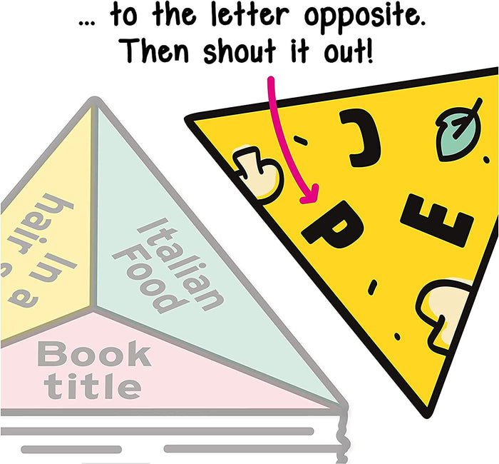 Yellow triangular game card with the letter P and pizza toppings next to categories like Italian Food.