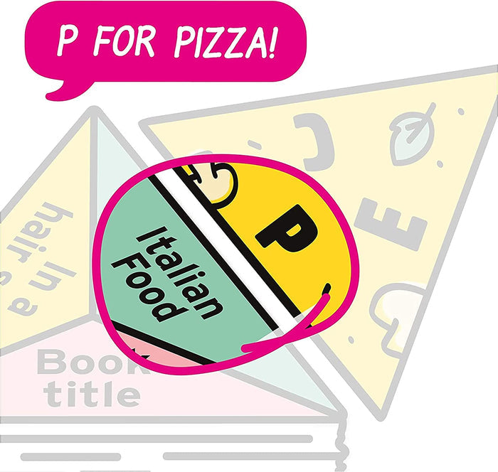 Triangular game cards for Italian Food category and the letter P, with a pink P FOR PIZZA! speech bubble.