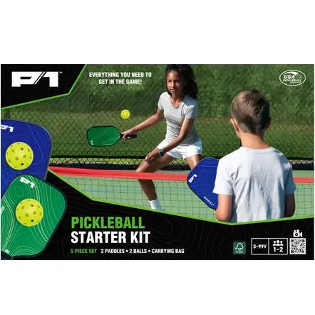 Black and green P1 Pickleball Starter Kit box showing kids playing plus blue and green paddles with yellow balls.