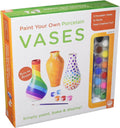Box for porcelain vase kit featuring three uniquely shaped painted vases, 12 paints, and a paintbrush.
