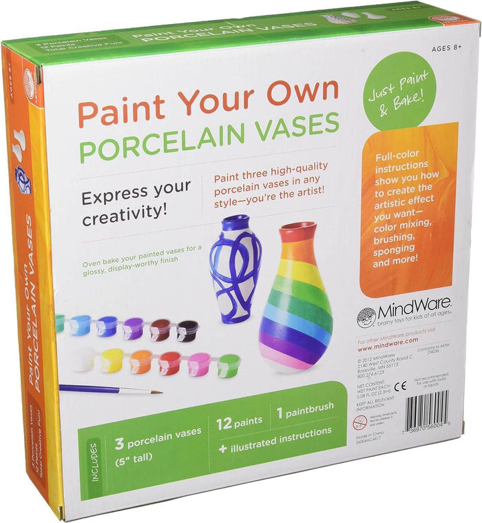 Craft kit box showing rainbow and blue-patterned vases, 12 paint pots, a brush, and three plain white porcelain vases.