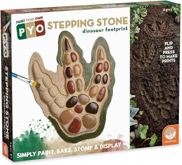 Box for a DIY kit showing a three-toed footprint stone with colorful pebbles, a paintbrush, and soil footprints.