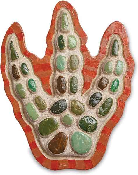 Three-toed footprint stepping stone with a red and orange striped edge and green and brown polished stones.