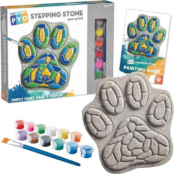 Paw-shaped mosaic stone kit with grey unpainted stone, 12 paint pots, brush, and guide showing a finished design.