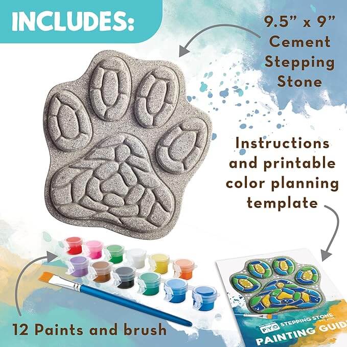 Gray paw-shaped cement stone kit with 12 mini paint pots, a blue brush, and a color planning template.
