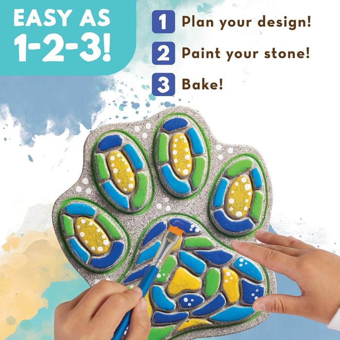 Hands painting a paw-print stepping stone blue and yellow. Text lists three steps: plan, paint, and bake.