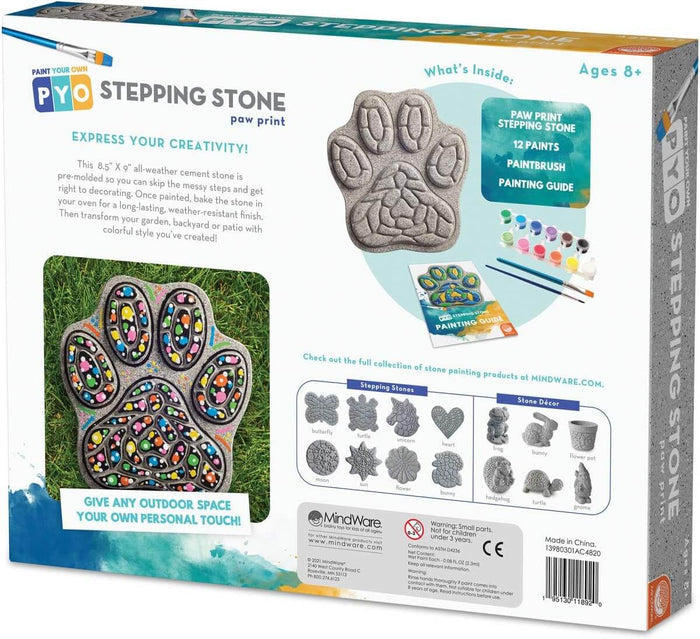 Box for a DIY kit showing a gray paw-shaped stone, paint pots, and a colorful finished example on green grass.