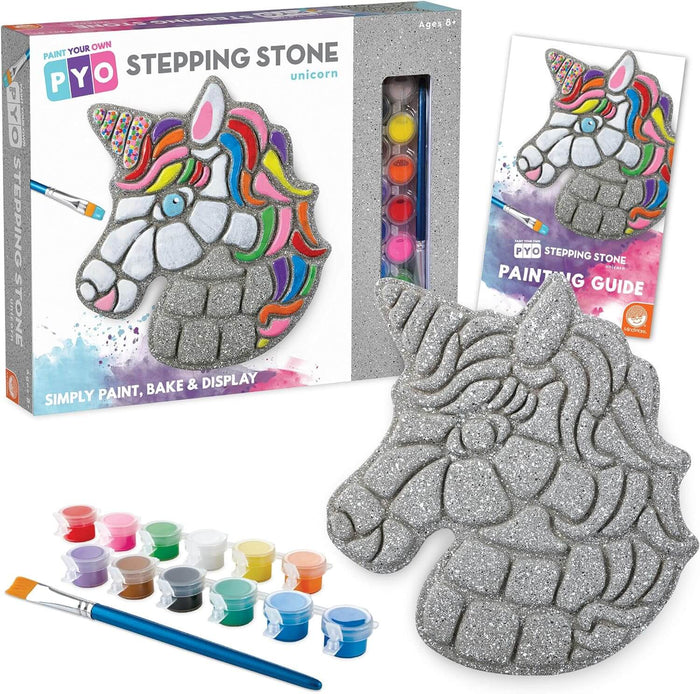 Unicorn craft kit with a gray textured stone, 12 colorful paint pots, and a paintbrush shown with its packaging.