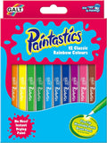 Bright pink and blue box of 12 rainbow-colored paint brush pens with splash designs and a fine tip green pen.