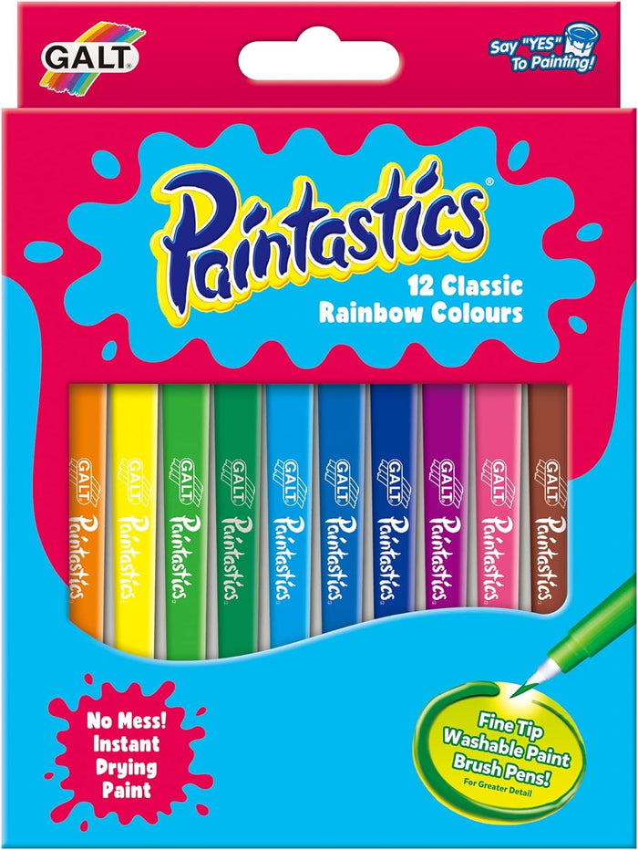Bright pink and blue box of 12 rainbow-colored paint brush pens with splash designs and a fine tip green pen.