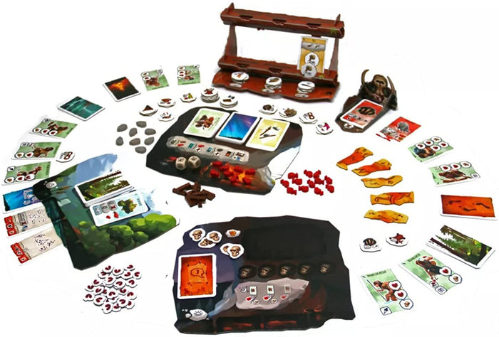 Prehistoric board game with illustrated cards, red figures, skull tokens, and wooden pieces on a white background.