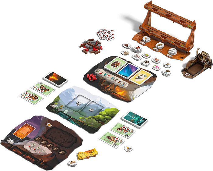 Stone Age board game setup with prehistoric cave mats, illustrated cards, wooden resource tokens, and a 3D card rack.