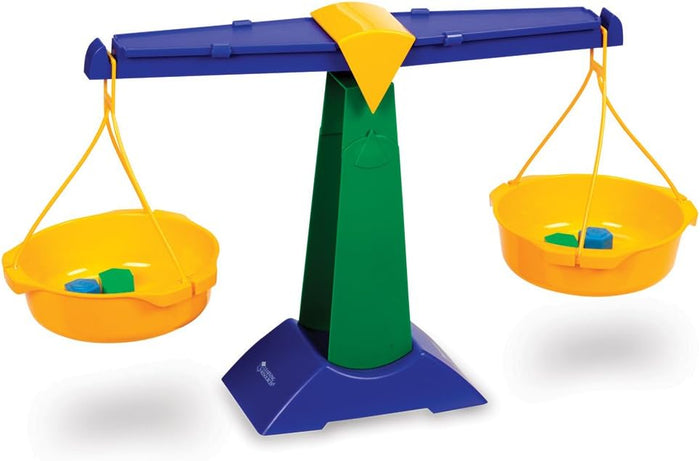 Blue, green, and yellow plastic balance scale with small weights in two hanging pans, shown level.