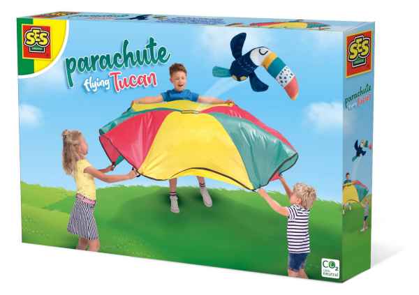 SES box showing children using a colorful parachute to toss a plush toucan toy into the air.