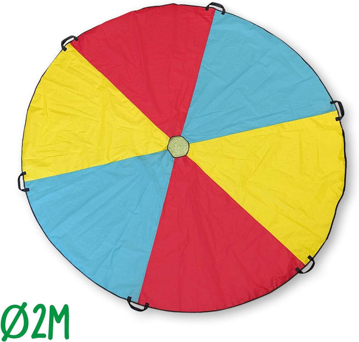 Multi-colored circular toy parachute with red, yellow, and blue segments, black handles, and 2m diameter text.